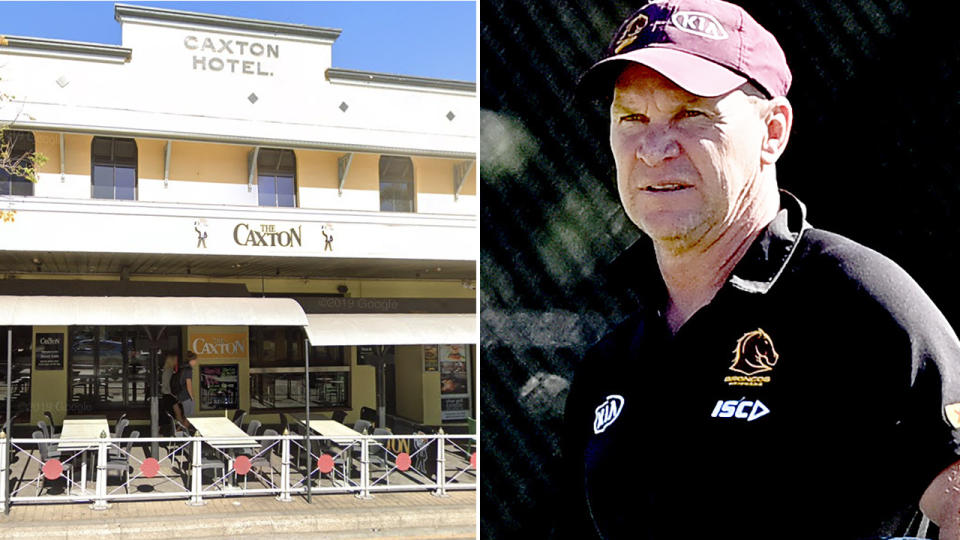 A 50-50 split image shows the Caxton Hotel on the left, and Brisbane Broncos assistant coach Allan Langer on the right.