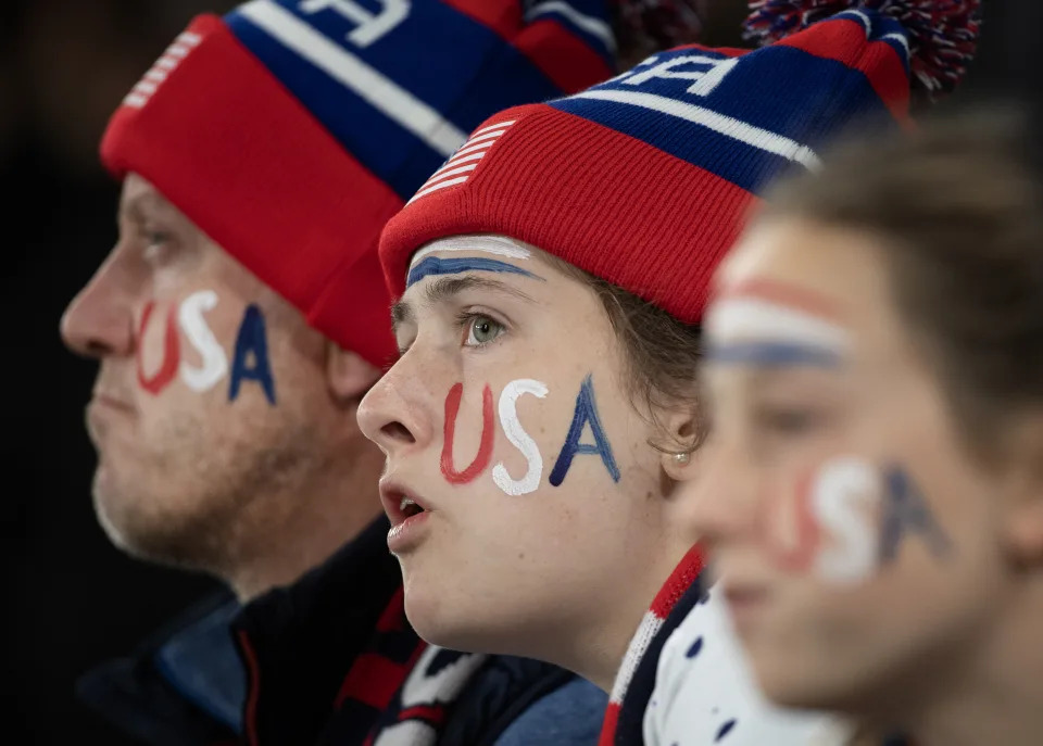 MELBOURNE, AUSTRALIA - AUGUST 6: USA fans wear face paint in the colors of the USA flag to support their team during the FIFA Women's World Cup (Photo by Joe Prior/Visionhaus via Getty Images)