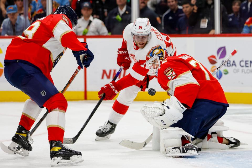 Panthers goaltender Sergei Bobrovsky makes a save after a shot from Red Wings center Andrew Copp during the second period on Thursday, Dec. 8, 2022, in Sunrise, Florida.