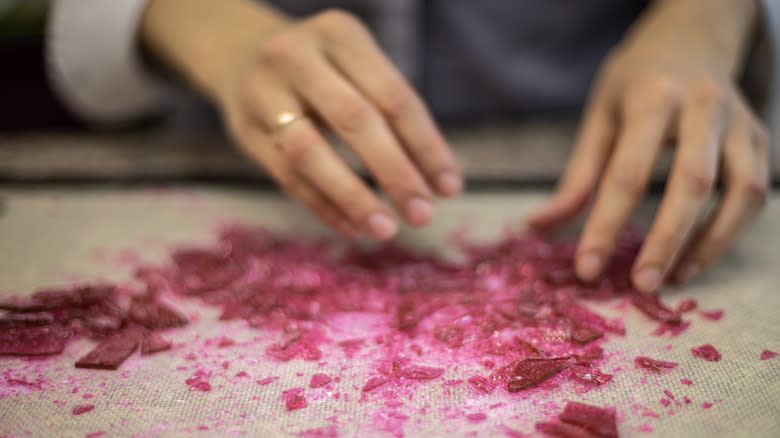 Crushed pink isomalt on surface