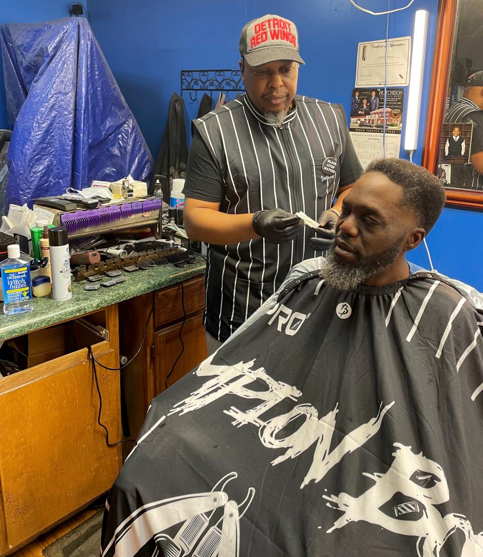 "Dave is a blessing to the neighborhood," said Wayne Strong, as he sat in the barber chair of David Hardin Jr. on Nov. 13, 2023. Strong, who works at two Detroit restaurants, came to Hardin that morning in desperate need of a haircut that would fit into his work schedule and allow him to be properly groomed the next day for his uncle's funeral.