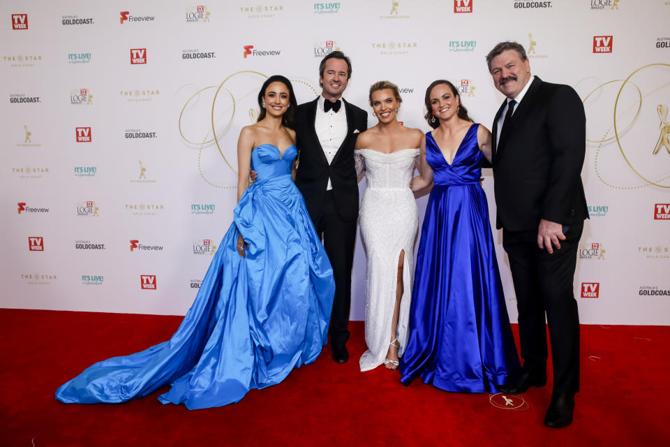 Channel 7 stars Abbey Gelmi, Hamish McLachlan, Abbey Holmes, Daisy Pearce and Brian Taylor, pictured here at the 2022 Logie Awards.