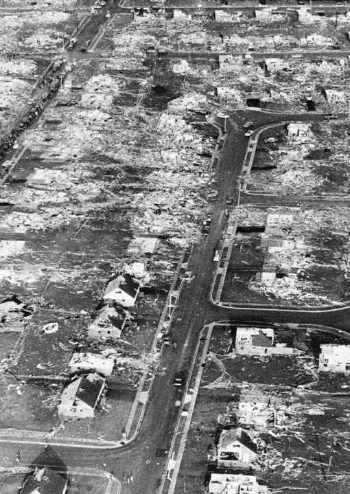 FILE Homes and businesses are demolished after tornadoes hit Xenia Ohio late Wednesday, April 4,1974. The deadly tornado killed 32 people, injured hundreds and leveled half the city of 25,000. Nearby Wilberforce was also hit hard. As the Watergate scandal unfolded in Washington, President Richard Nixon made an unannounced visit to Xenia to tour the damage. Xenia’s was the deadliest and most powerful tornado of the 1974 Super Outbreak. (AP Photo, file)