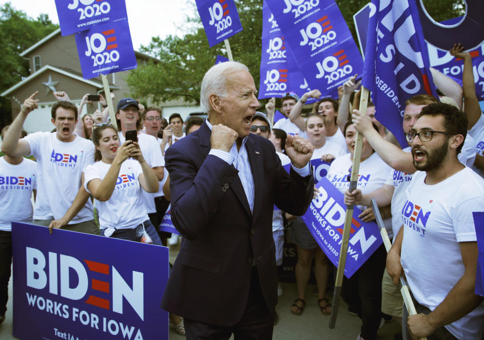 Former Vice President and Democratic presidential candidate Joe Biden meets with supporters before speaking at the Iowa Democratic Wing Ding at the Surf Ballroom, Friday, Aug. 9, 2019, in Clear Lake, Iowa. (AP Photo/John Locher)