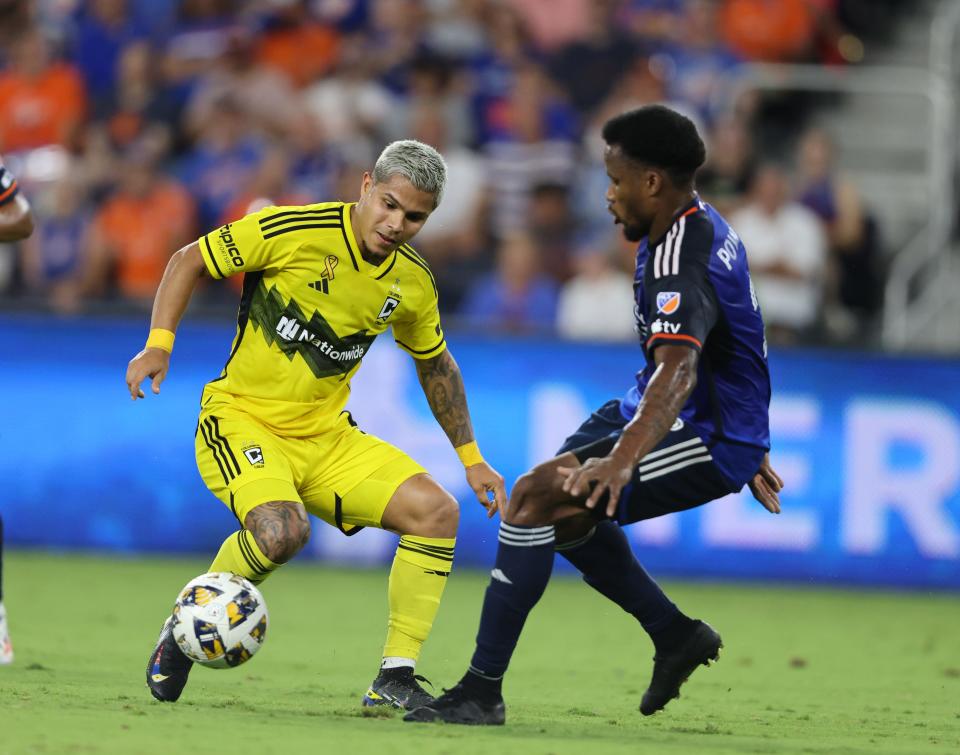 Sep 14, 2024; Cincinnati, Ohio, USA; Columbus Crew forward Cucho Hernandez (9) controls a ball during the first half against FC Cincinnati at TQL Stadium. Mandatory Credit: Joseph Maiorana-Imagn Images