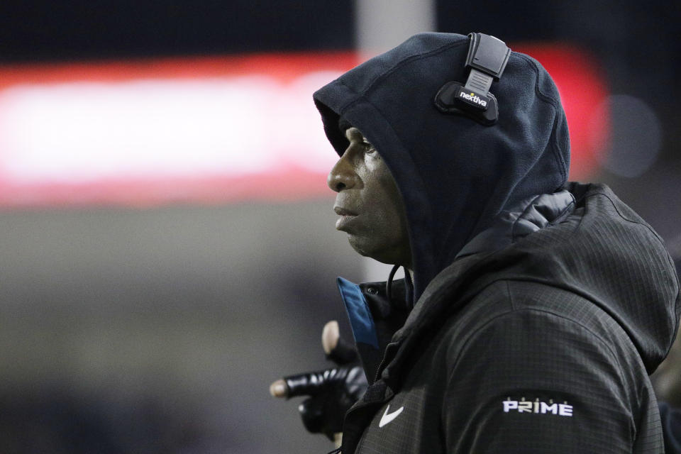 Colorado head coach Deion Sanders watches the second half of an NCAA college football game against Washington State, Friday, Nov. 17, 2023, in Pullman, Wash.(AP Photo/Young Kwak)