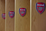 <p>The Arsenal players’ cubby holes in the home dressing room</p>