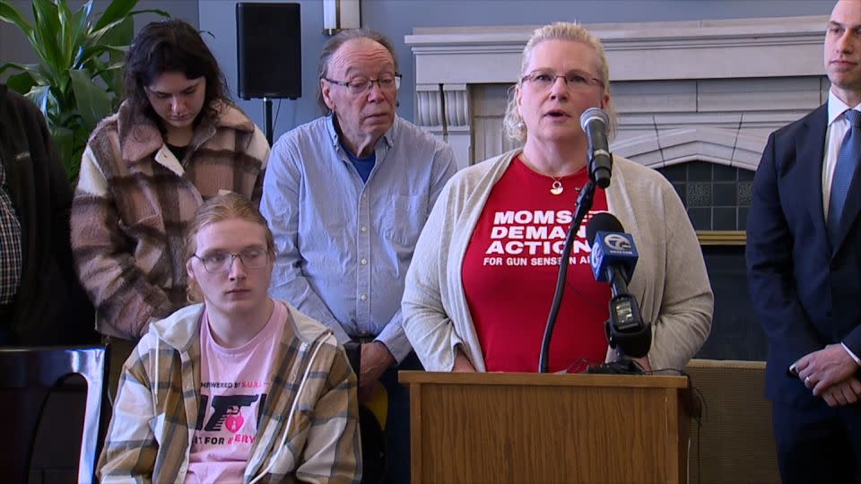 Guy Boyd, left, and his mother Denise Wieck, right, at a news conference Tuesday announcing the lawsuit. - WXYZ