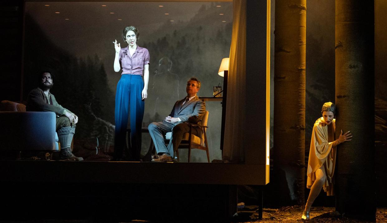 <span>William Morgan (Walther), Flora McIntosh (Berthe), Simon Wolfisch (Eckbert) and Aoife Miskelly (Bird) in Blond Eckbert.</span><span>Photograph: Richard Hubert Smith</span>