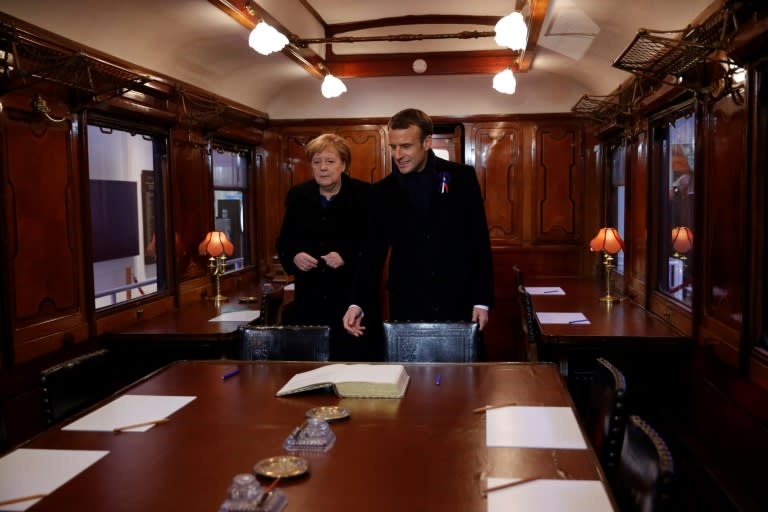 Macron and Chancellor Merkel on Saturday unveiled a plaque to the Franco-German reconciliation in the forest clearing in northeast France where the armistice ending the conflict was signed