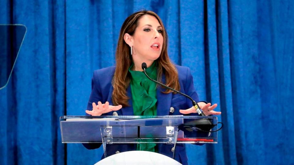 PHOTO: Ronna McDaniel, the outgoing Republican National Committee chairwoman, gives her last speech in the position at the general session of the RNC Spring Meeting, on March 8, 2024, in Houston.  (Michael Wyke/AP, FILE)