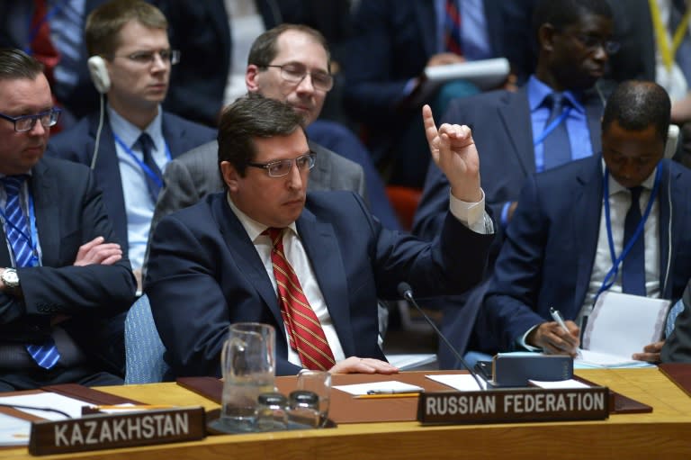 Russia's deputy UN ambassador, Vladimir Safronkov reacts during a United Nations Security Council meeting on Syria, at the UN headquarters in New York on April 7, 2017