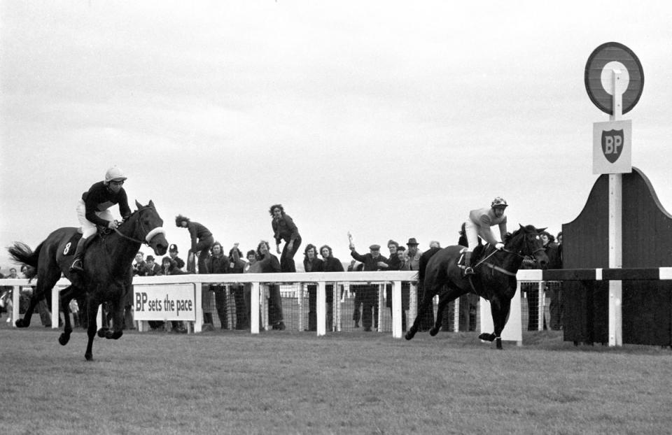 Red Rum beats Crisp in the 1973 Grand National in the first of his three victories (PA)