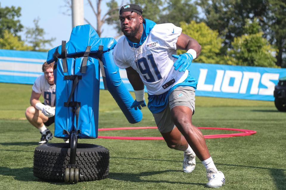 Detroit Lions defensive end Levi Onwuzurike practices during training camp at Detroit Lions Headquarters and Training Facility in Allen Park on Monday, July 24, 2023.