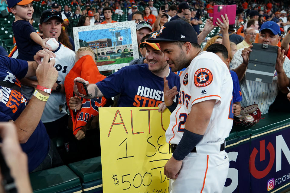 Houston Astros Jose Altuve poses for a photo before the game against the New York Mets in the first game at Minute Maid Stadium after Hurricane Harvey in Houston. (Reuters)