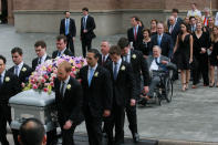 <p>Former U.S. President George H.W. Bush attends the funeral service for his wife, former first lady Barbara Bush, with his son the 43rd U.S. President George W. Bush at St. Martin’s Episcopal Church in Houston, Texas, U.S., April 21, 2018. (Photo: Richard Carson/Reuters) </p>