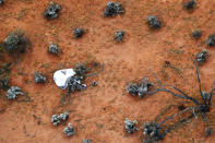 In this photo provided by the Japan Aerospace Exploration Agency (JAXA), a capsule, center, dropped by Hayabusa2 is seen before being retrieved in Woomera, southern Australia, Sunday, Dec. 6, 2020. A Japanese capsule carrying the first samples of asteroid subsurface shot across the night atmosphere early Sunday before successfully landing in the remote Australian Outback, completing a mission to provide clues to the origin of the solar system and life on Earth. (JAXA via AP)