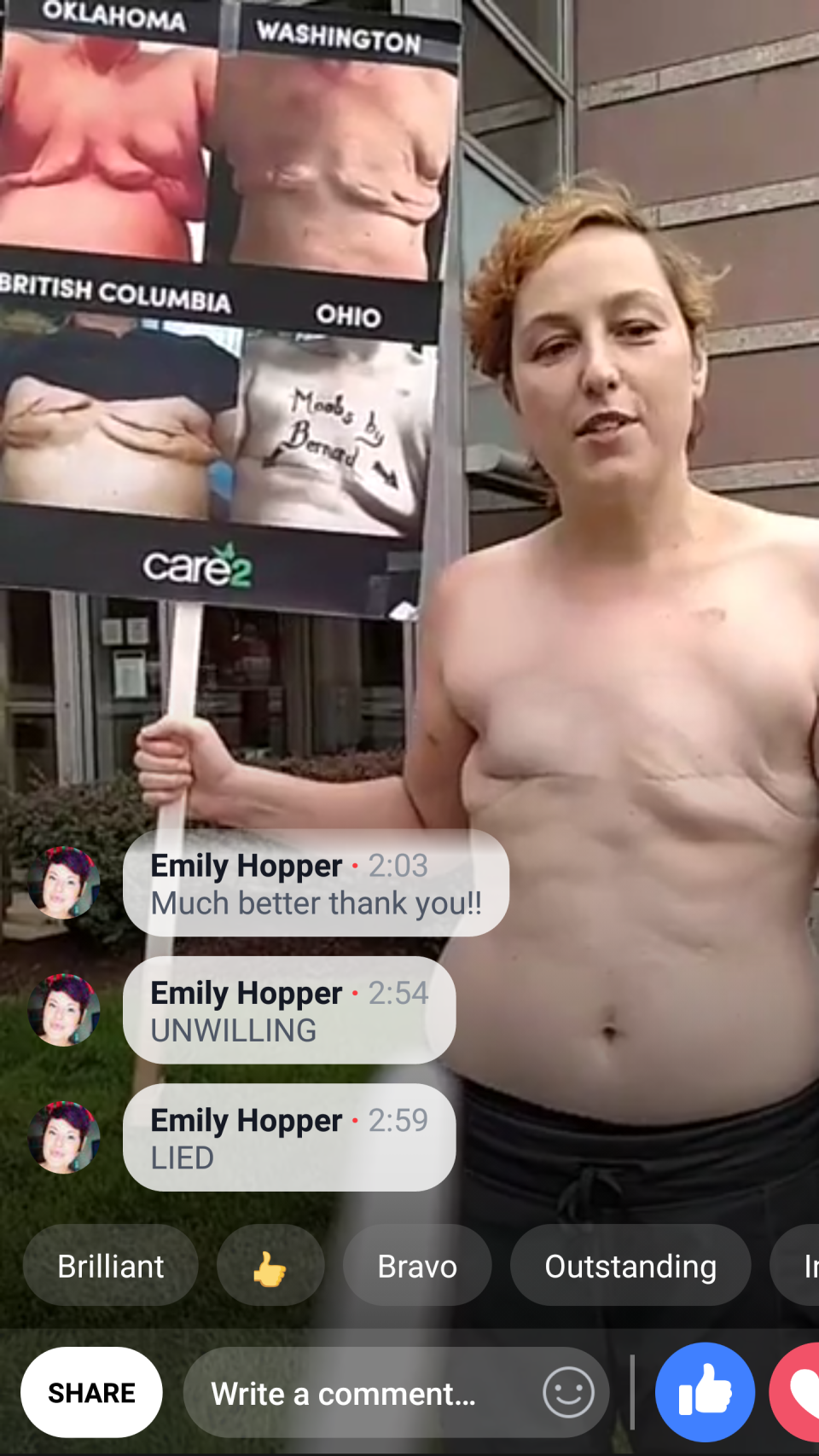 Kim Bowles, during a livestream of her protest, showing her unwanted mastectomy result along with several others. (Photo: Courtesy of Kim Bowles)