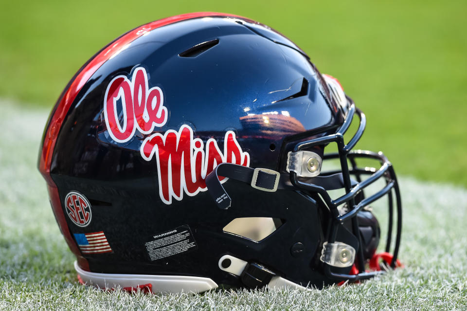 Oct 16, 2021; Knoxville, Tennessee; Mississippi Rebels helmet on the field before a game between the Tennessee Volunteers and Mississippi Rebels at Neyland Stadium. Bryan Lynn-USA TODAY Sports