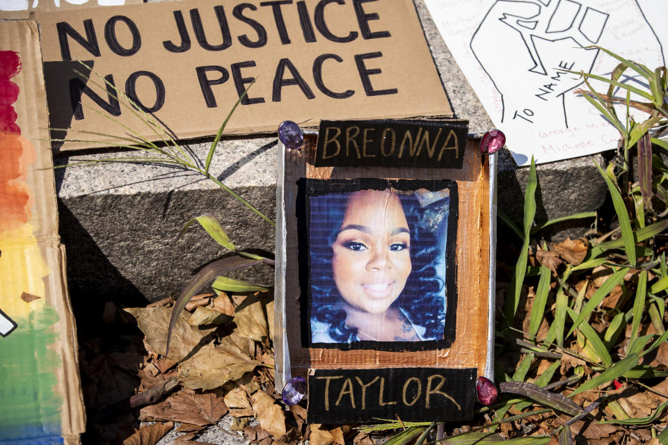 BROOKLYN, NY - July 25: A line of homemade protest signs lay on the steps including one with a picture of Breonna Taylor for people to pick up and use for the march in Cadman Plaza, Brooklyn.  This non-violent protest organized by Unite NY which included thousands of protesters that marched across the Brooklyn Bridge was meant as a statement that the protesters in New York stand in solidarity with in Portland, OR and against federal invasions and in support of Black Lives Matter.  Portland has seen federal agents have taken protesters and put into unmarked vehicles while others have been beaten and pepper sprayed.  This was billed as a "We Will Not Be Silenced" where organizers asked protesters to bring pots, pans, buckets, whistles anything that can make noise.  Protesters continue taking to the streets across America and around the world after the killing of George Floyd at the hands of a white police officer Derek Chauvin that was kneeling on his neck during for eight minutes, was caught on video and went viral.  During his arrest as Floyd pleaded, "I Can't Breathe". The protest are attempting to give a voice to the need for human rights for African American's and to stop police brutality against people of color.  They are also protesting deep-seated racism in America.   Many people were wearing masks and observing social distancing due to the coronavirus pandemic.  Photographed in the Brooklyn Borough of New York on July 25, 2020, USA.  (Photo by Ira L. Black/Corbis via Getty Images)