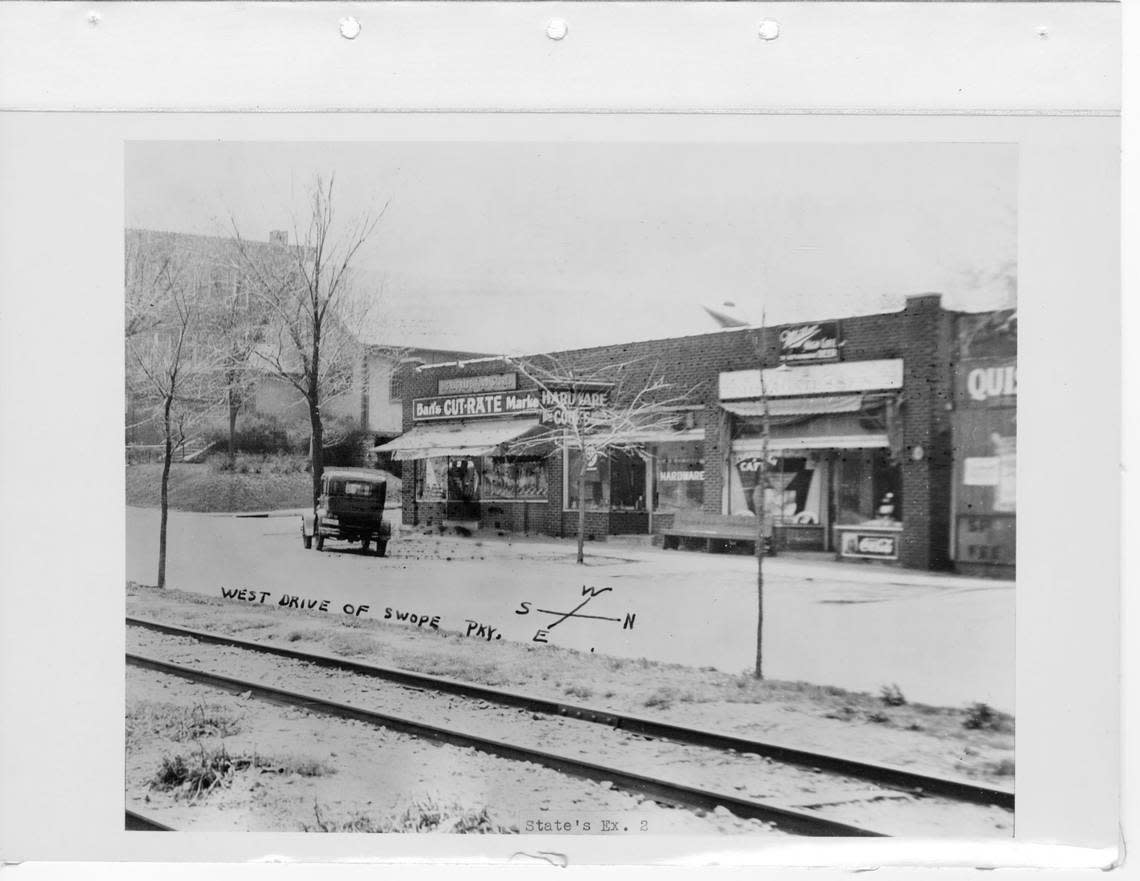 This was the section of Swope Parkway where the Election-Day shootout of March 27, 1934, left three men dead. The delicatessen where the violence began is to the right under the Miller High Life advertisement, and the St. Louis Catholic School is on the far left.