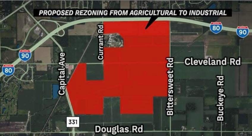 This map shows the 914 acres of the St. Joe Farm that are proposed for rezoning from agricultural to industrial.