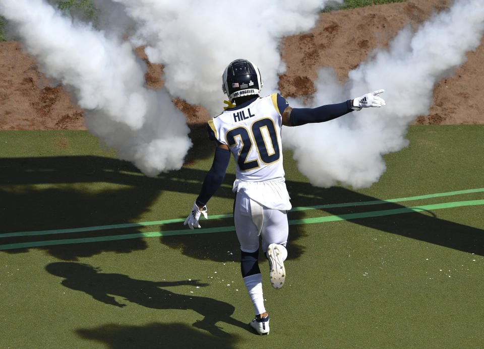 LOS ANGELES, CA - OCTOBER 13: Troy Hill #20 of the Los Angeles Rams runs onto the field before playing the San Francisco 49ers at Los Angeles Memorial Coliseum on October 13, 2019 in Los Angeles, California. San Francisco won 20-7. (Photo by John McCoy/Getty Images)