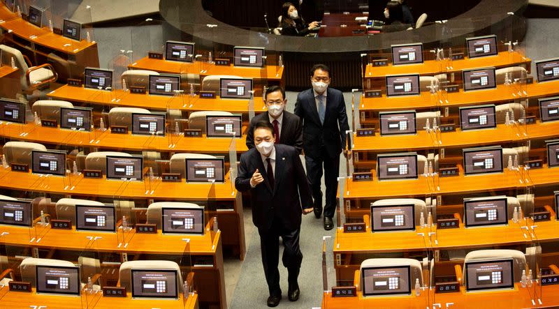 South Korea's President Yoon Suk-yeol gives a budget speech at the National Assembly in Seoul