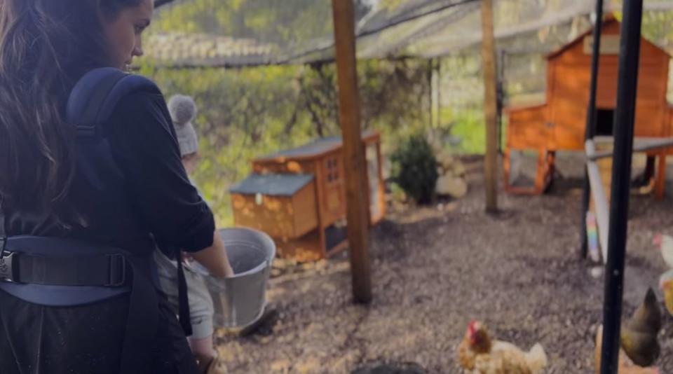 <p>This picture shows Meghan feeding her chickens with a baby, most likely Lili, strapped to her front. In the photo, Lili is wearing a hand-me-down cap from <a href="https://www.townandcountrymag.com/society/tradition/g27376121/archie-harrison-mountbatten-windsor-photos-news/" rel="nofollow noopener" target="_blank" data-ylk="slk:her big brother, Archie" class="link ">her big brother, Archie</a>. </p>