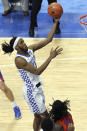 Kentucky's Isaiah Jackson, top, shoots near Florida's Anthony Duruji during the second half of an NCAA college basketball game in Lexington, Ky., Saturday, Feb. 27, 2021. (AP Photo/James Crisp)