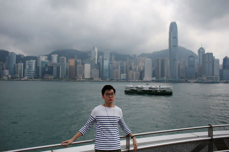 Chan Ho-tin, 26, founder of the pro-independence Hong Kong National Party, poses in front of Victoria Harbour and the Hong Kong Island skyline in Hong Kong, China, May 5, 2016. REUTERS/Bobby Yip