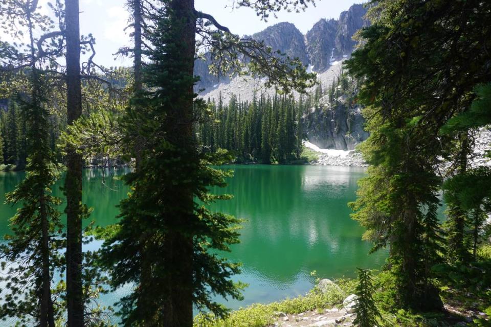 Middle Rainbow Lake is one of a series of Idaho mountain lakes that are accessible via the trail in the Boise National Forest.