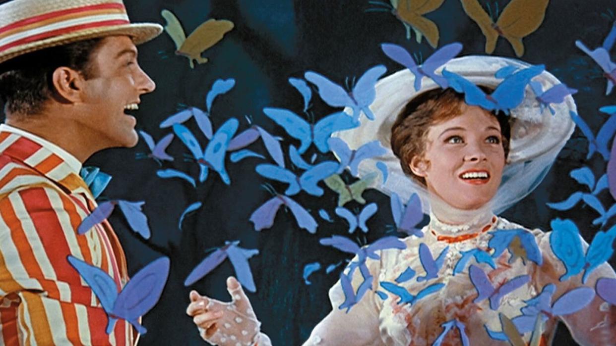 mary poppins is surrounded by a group of animated butterflies in a scene from mary poppins