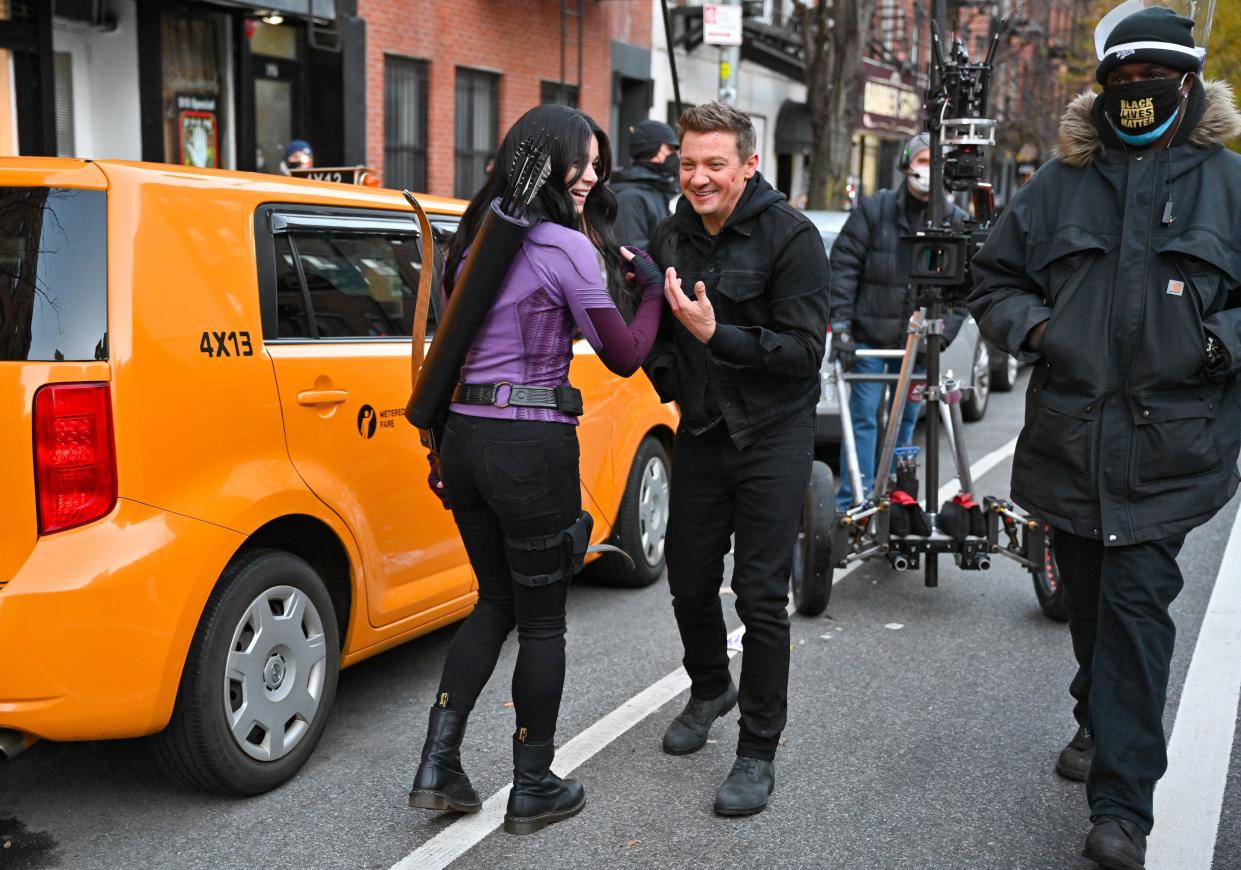 Hailee Steinfeld and Jeremy Renner seen on the set of 'Hawkeye' on the Lower East Side on December 8, 2020 in New York.