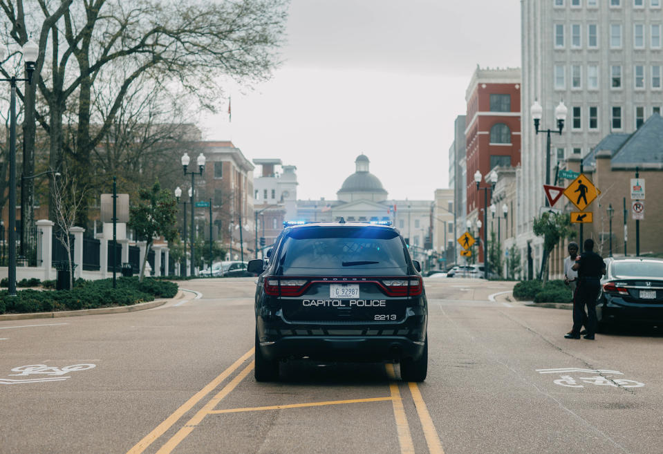Mississippi's Capitol Police, once primarily responsible for guarding the statehouse, have increased in visibility recently. (Imani Khayyam for NBC News)