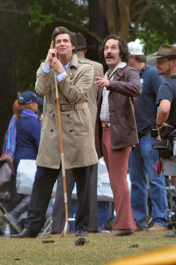 **EXCLUSIVE** HEADS UP! Jim Carrey and Paul Rudd hit the news anchor battle field for a war with hockey pucks on the set of 'Anchorman 2' in Atlanta