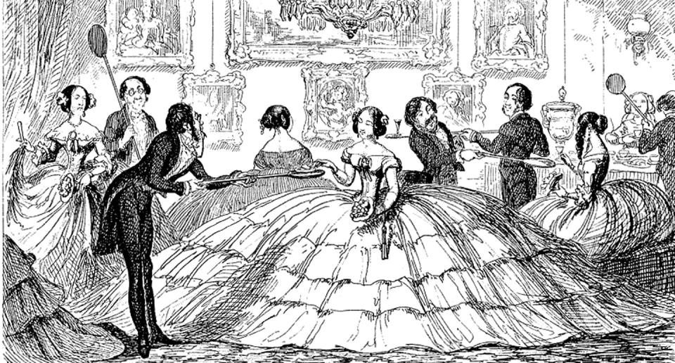 <span class="caption">A satirical comic pokes fun at the ballooning crinolines of the mid-19th century.</span> <span class="attribution"><a class="link " href="https://upload.wikimedia.org/wikipedia/commons/3/37/1850-g-cruikshank-crinoline-parody.png" rel="nofollow noopener" target="_blank" data-ylk="slk:Wikimedia Commons;elm:context_link;itc:0;sec:content-canvas">Wikimedia Commons</a></span>