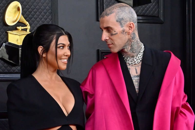 Kourtney Kardashian and Travis Barker arrive for the 64th annual Grammy Awards at the MGM Grand Garden Arena in Las Vegas in 2022. File Photo by Jim Ruymen/UPI