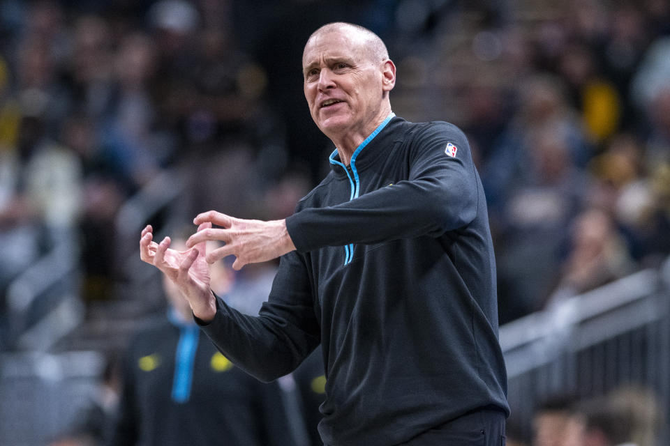 Indiana Pacers head coach Rick Carlisle gestures during the first half of an NBA basketball game against the Toronto Raptors in Indianapolis, Monday, Feb. 26, 2024. (AP Photo/Doug McSchooler)