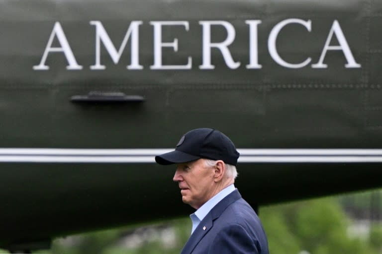 US President Joe Biden walks to board Marine One from the South Lawn of the White House, in Washington, DC, on April 19, 2024 (Mandel NGAN)