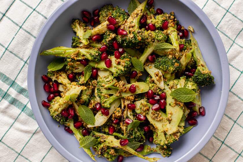 LOS ANGELES, CA - MARCH 25: A dish of broccoli with pumpkin seed jazz on Monday, March 25, 2024 in Los Angeles, CA. (Catherine Dzilenski / For The Times)