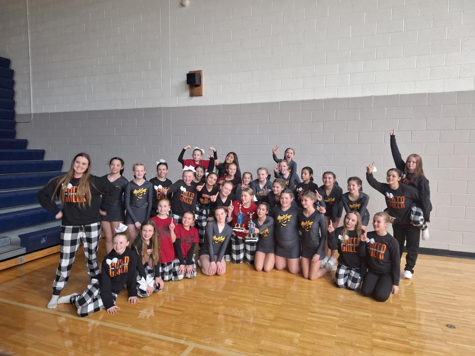 Hillsdale and Jonesville middle school cheer teams celebrate their top 2 finish at the Golden Eagle Invitational. Jonesville won the event.