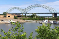 A crack in a steel beam, found the day before, has forced the closure of the Interstate 40 bridge that connects Arkansas and Tennessee, Wednesday, May 12, 2021, in Memphis, Tenn. (AP Photo/Adrian Sainz)