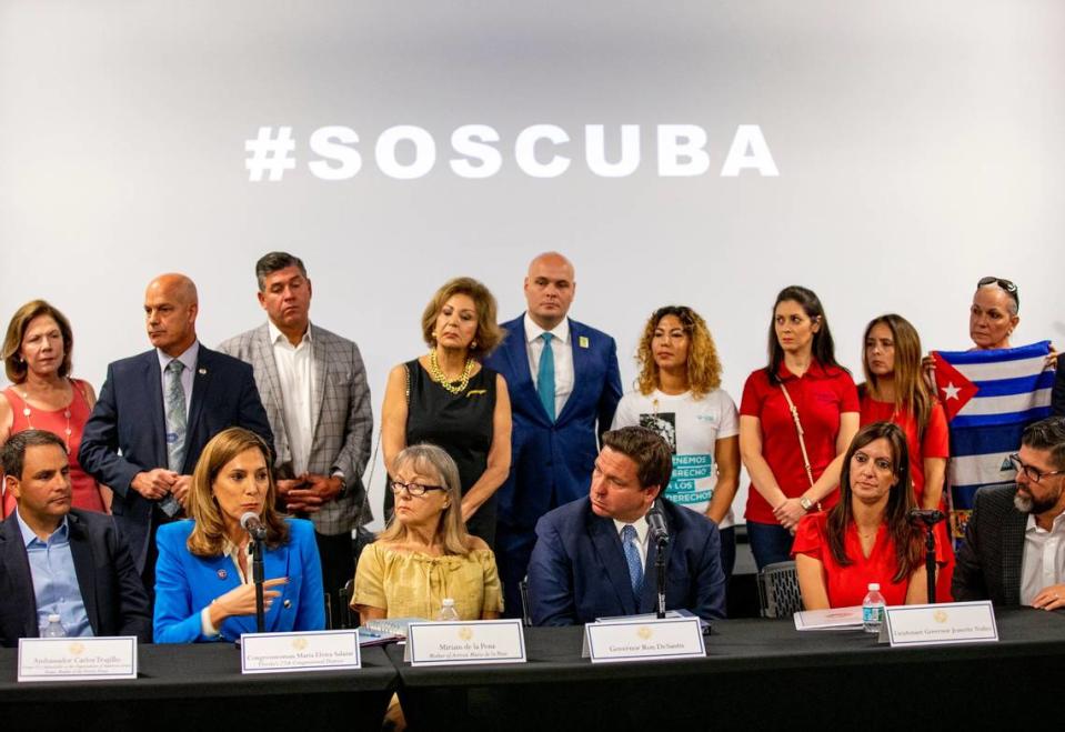 Congresswoman Maria Elvira Salazar addresses the media during a roundtable discussion coordinated by Florida Governor Ron DeSantis, with South Florida officials and Cuban representatives at the American Museum of the Cuban Diaspora in Miami, Florida, on Tuesday, July 13, 2021.