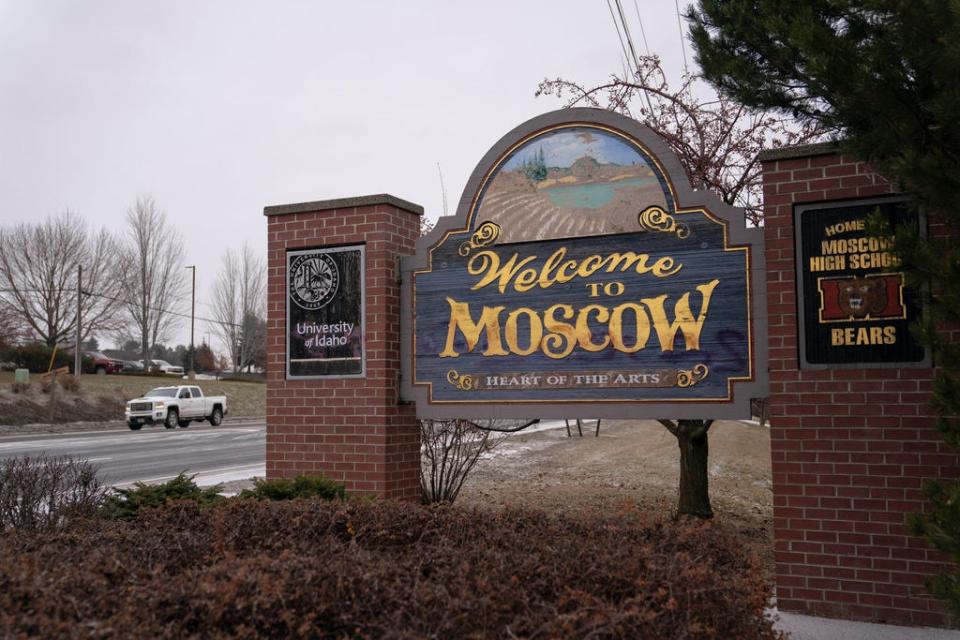 A sign welcomes visitors to Moscow, the site of a recent quadruple murder on January 3, 2023 in Moscow, Idaho. A suspect has been arrested for the murders of the four University of Idaho students.