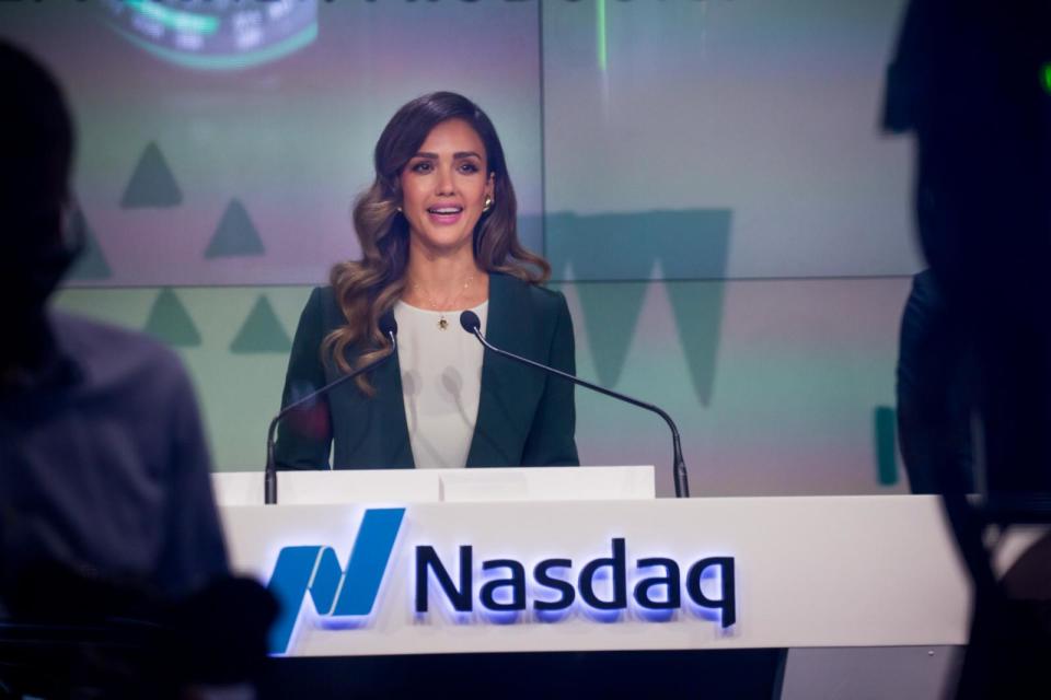 PHOTO: Jessica Alba, co-founder and chief creative officer of Honest Co., speaks before ringing the opening bell during the company's initial public offering (IPO) at the Nasdaq MarketSite in New York, May 5, 2021. (Michael Nagle/Bloomberg via Getty Images, FILE)