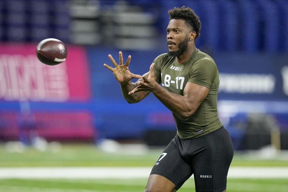 Nebraska linebacker Ochaun Mathis runs a drill at the NFL football scouting combine in Indianapolis, Thursday, March 2, 2023. (AP Photo/Darron Cummings)