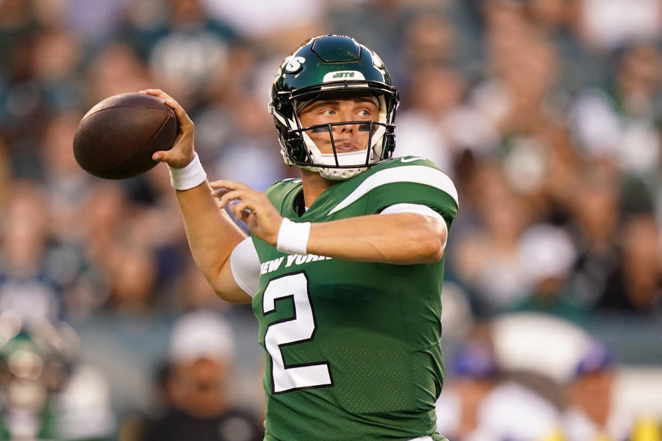 New York Jets' Zach Wilson throws during the first half of a preseason NFL football game against the Philadelphia Eagles on Friday, Aug. 12, 2022, in Philadelphia. (AP Photo/Matt Slocum)