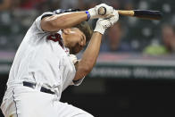 Cleveland Indians' Josh Naylor (22) is hit by a pitch in the eighth inning of a baseball game against the Minnesota Twins, Tuesday, April 27, 2021, in Cleveland. (AP Photo/David Dermer)