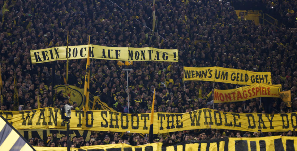 Football Soccer - Borussia Dortmund v Bayern Munich - German Bundesliga - Signal Uduna Park , Dortmund, 05/03/16  Soccer fans protest against Bundesliga matches scheduled for mondays.   REUTERS/Wolfgang Rattay  DFL RULES TO LIMIT THE ONLINE USAGE DURING MATCH TIME TO 15 PICTURES PER GAME. IMAGE SEQUENCES TO SIMULATE VIDEO IS NOT ALLOWED AT ANY TIME. FOR FURTHER QUERIES PLEASE CONTACT DFL DIRECTLY AT + 49 69 650050.  